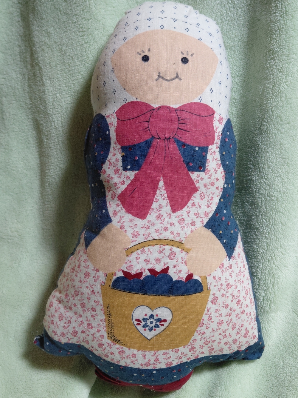 Handcrafted Folk Art Doll Accent Pillow in Pink, Blue and Cream